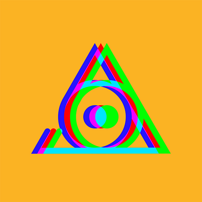 A number six formed as part of a slightly broken triangle containing a circle. The symbol is featured three times on top each other, slightly offset in bright colours. 